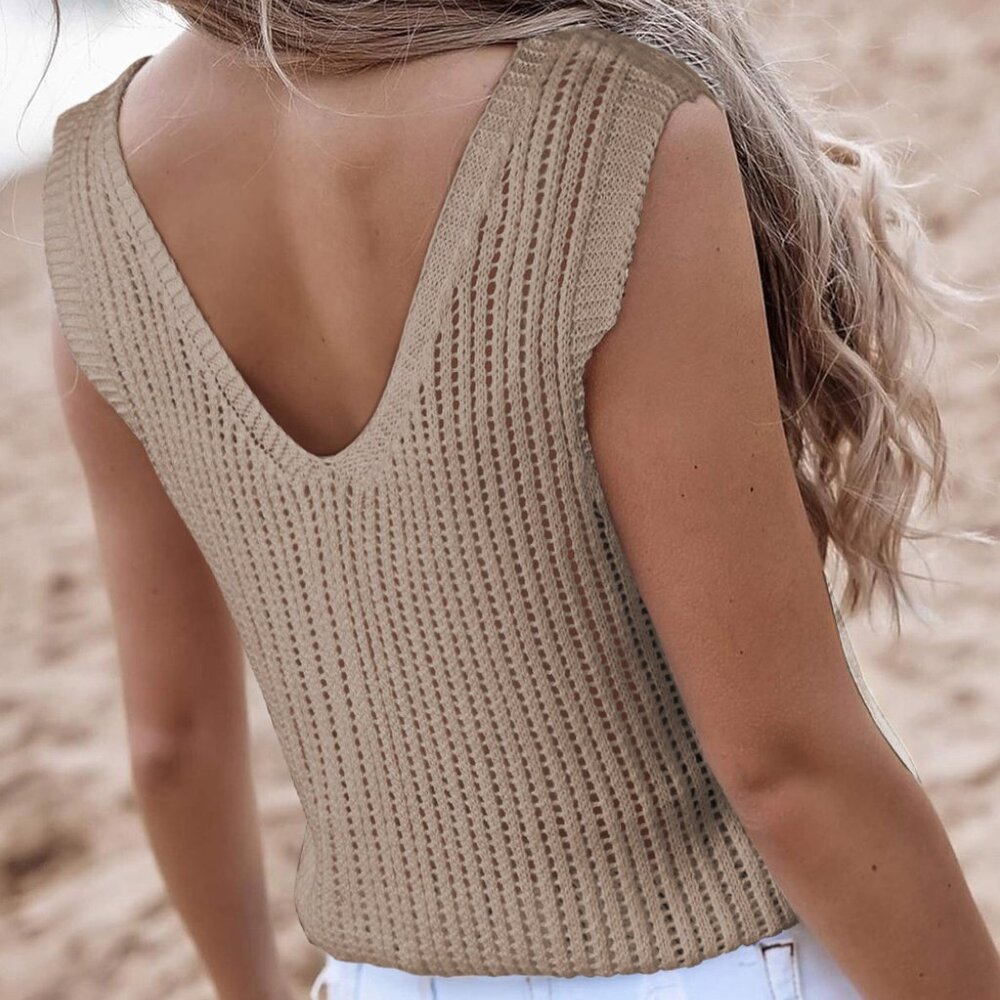 Khaki Hollowed Knit V Neck Tank Top - Picture 2 of 3